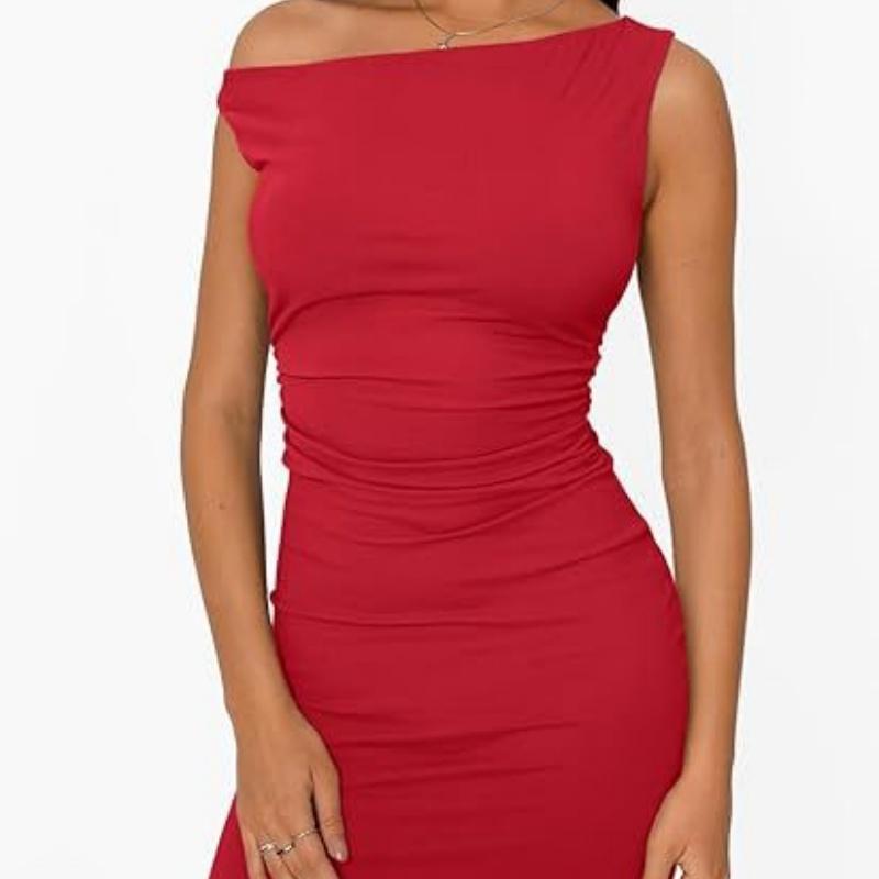 Women's off-shoulder neckline, gathered waist sleeveless bodycon dress