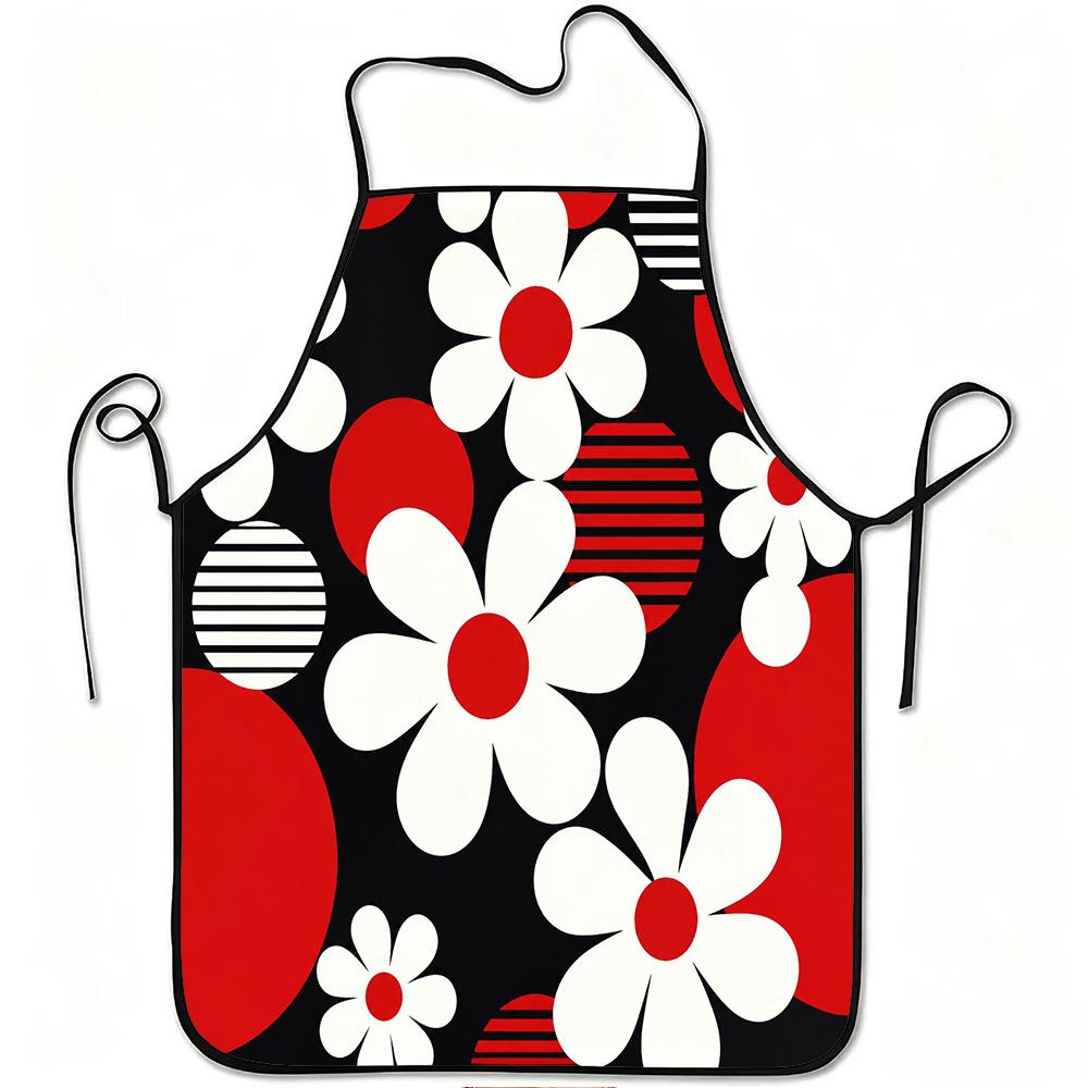 1pc Red And White Daisy Geometric Print Apron, Durable And Easy to Clean, Adjustable Waistband, Polyester Material, for Kitchen Cooking, Gardening, Or