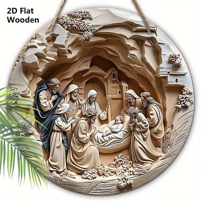 Nativity Wooden Christmas Sign - Jesus Navidad Round Sign for Front Door Wall Hanging Decor - Ideal Christmas Gift