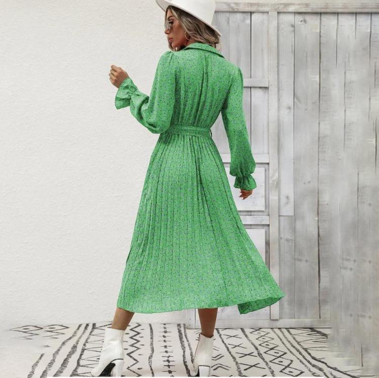 Женское осенне-зимнее повседневное платье с длинным рукавом, V-образным вырезом, цветочным принтом, А-силуэта, с завышенной талией, длиной до щиколотки