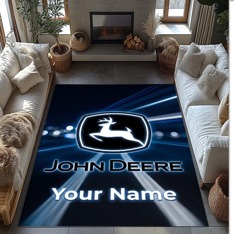 John Deere Crystal Velvet Rug, Custom Name Text Personalized Non‑Slip Floor Mat for Home Decor Gift