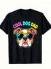 1pc Unisex S Cool Dog Print Black Tshirt Crew Neck Casual Cotton Tee Medium Stretch Knit Fabric Regular Fit For Boys Unisex Perfect F