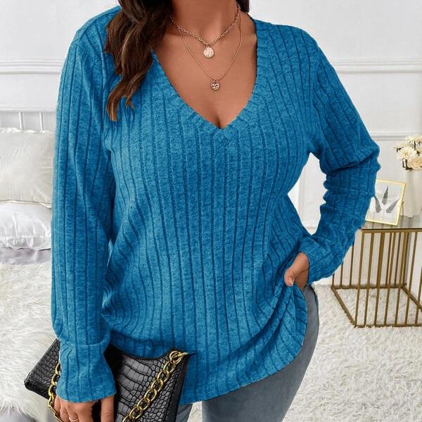 GMXIA Осень-зима, однотонный женский топ больших размеров с v-образным вырезом и длинными рукавами, шерстяная футболка в полоску, свободный чехол