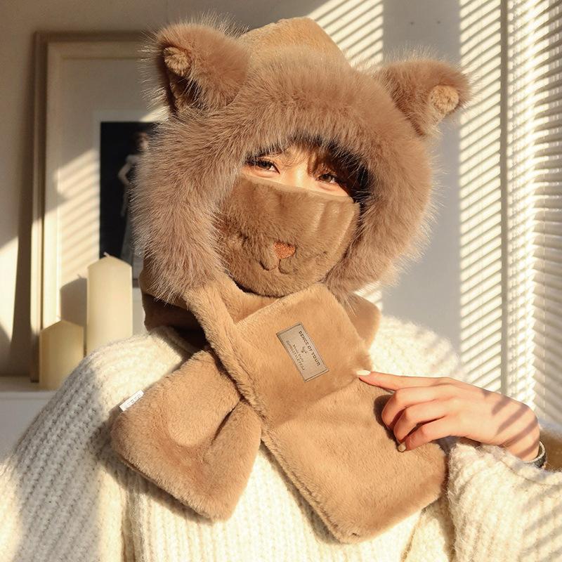Plush thermal hat children winter cute little fox thickened ear protector pullover hat scarf integrated cycling cold hat