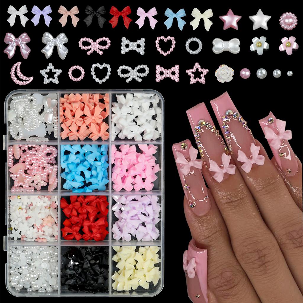 15Grids/box Mixed Resin Bowknot Nail Art Decorations 3D Acrylic Charms Kawaii Colorful Bow Rhinestone DIY Manicure Tools Parts