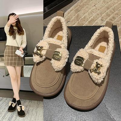Ретро-лоферы женские 2024 осень-зима мягкие меховые туфли с мягкой подошвой модные универсальные хлопковые туфли повседневные теплые ботинки на плоской подошве