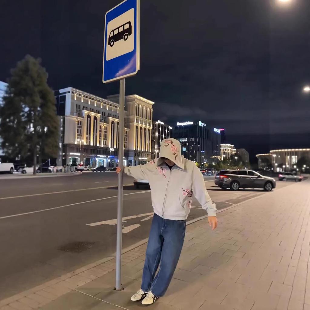 Унисекс Худи в уличном стиле с вышивкой ретро-цветов и вишни