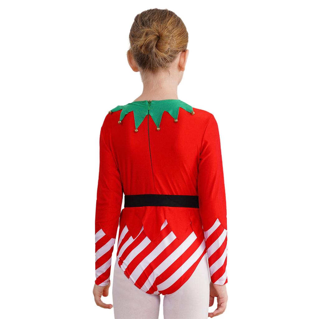 Kids Dance Leotard Christmas Costume Long Sleeve Stripes Brass Bells Belt Athletic Wear