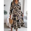 Autumn and Winter Casual Floral Waist Long-sleeved Ruffle Dress