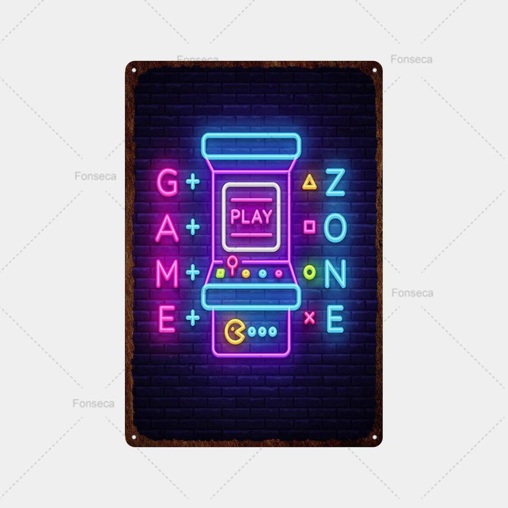 Неоновая игровая вывеска, металлическая вывеска, винтажная жестяная вывеска, металлический винтажный бар, винтажное украшение стены, металлический постер с клубной дыркой