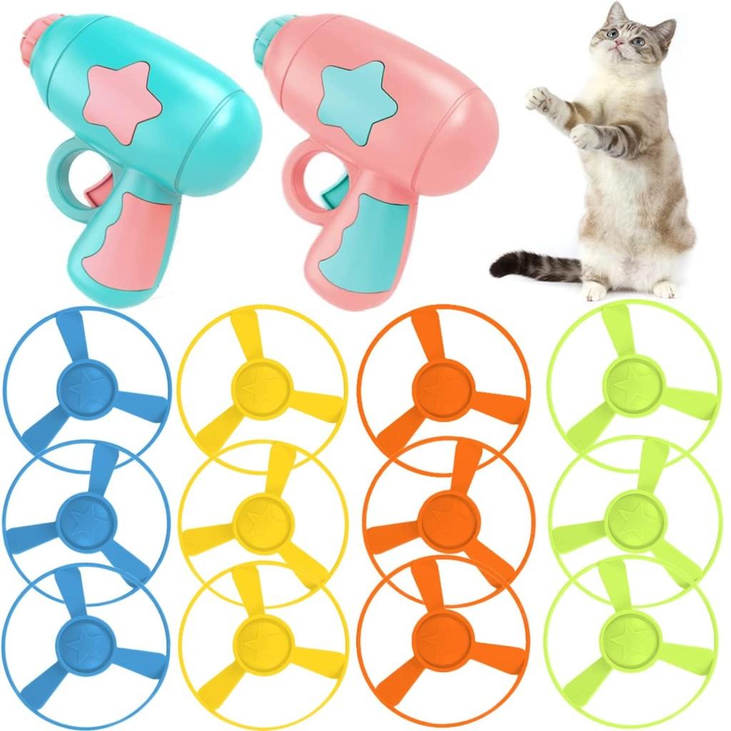 14 Piece cat chase training interactive toy set including colored flying propellers Frisbee colors are random