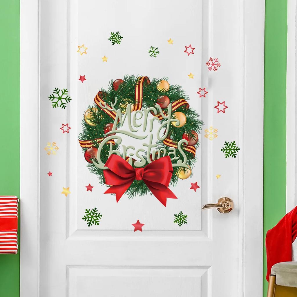Веселые рождественские наклейки на двери, окна, настенные украшения, мультфильм Санта, снеговик, рождественская елка, сани с оленем, обои, праздничный декор комнаты