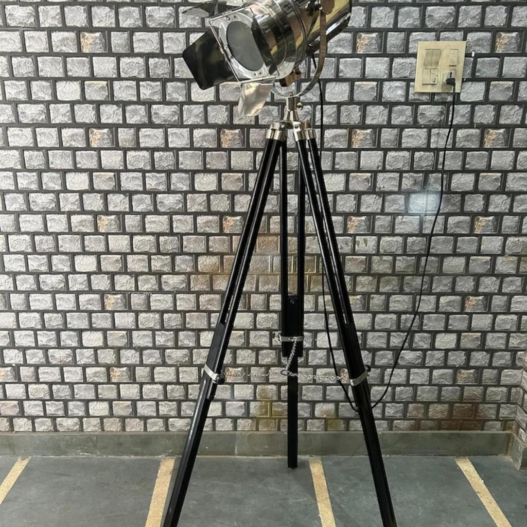 Chrome Finish Black Wood Tripod Floor Lamp - 70 Inch Industrial Nautical Spotlight - Designer Home Decor Searchlight