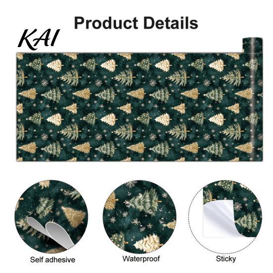 Self-adhesive Wallpaper for Home Christmas Tree Wall Sticker, 150/300cm Gold Green Peel And Stick Wallpaper, Moisture Proof Bathroom Removable