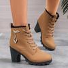 Women's Chunky Heeled Ankle Boots Metal Decoration High Heels Booties Woman  Autumn Lace Up Platform Short Boots Plus Size