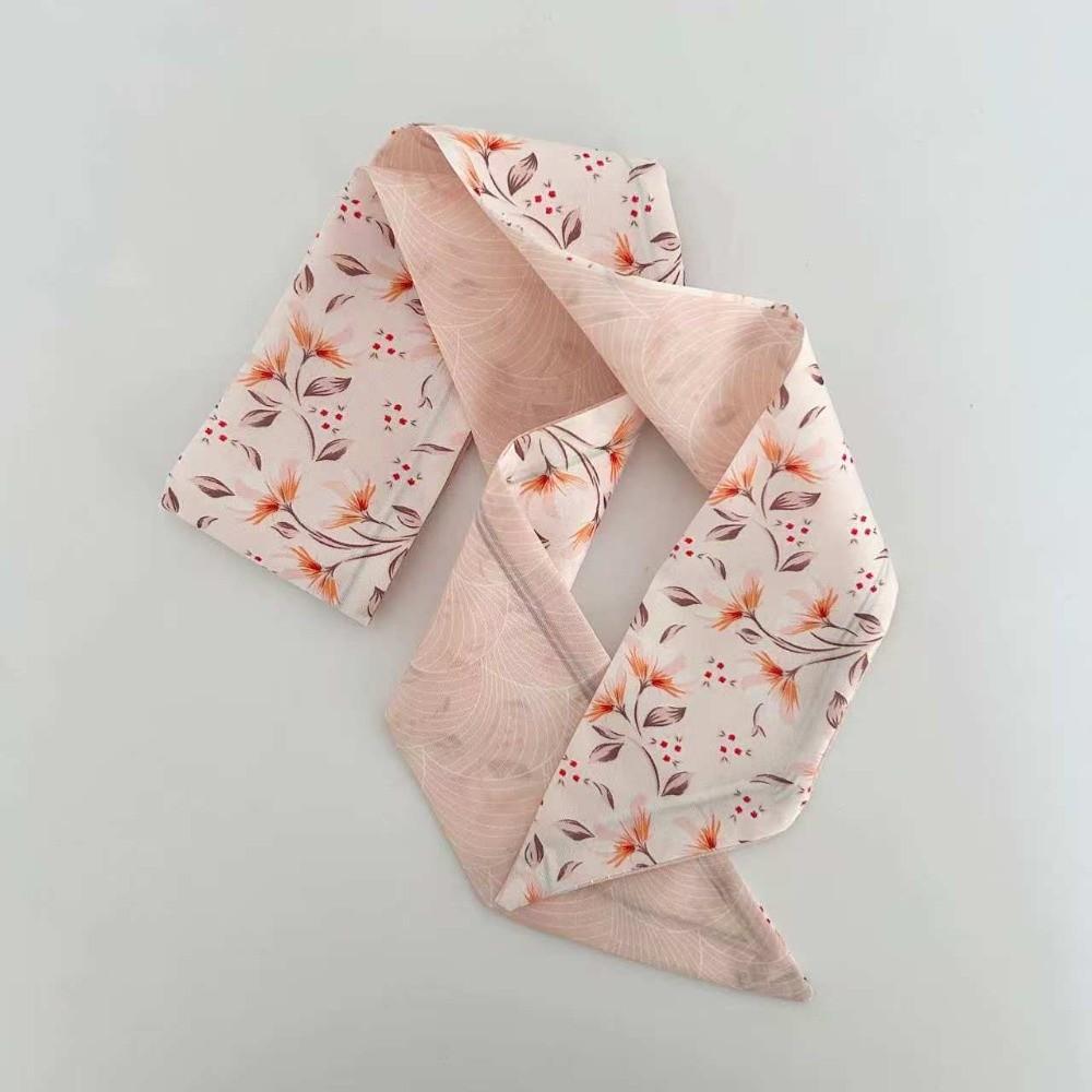 Spring Summer Floral Print Thin Ribbon Scarf Multi-use Headband Small Silk Scarf Skinny Silk Scarf Women Hair Accessory