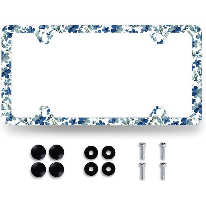 Blue Boho Flowers License Plate Frame Cute Floral License Plate Personalise Auto Parts For Men Women Car Decoration Stainless Steel Funny License