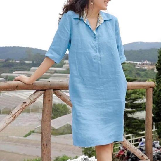 Женское платье, свободное, с рукавами три четверти, однотонное, с лацканами, до колена, мягкое, трапециевидное, повседневное, весна-лето, платье миди