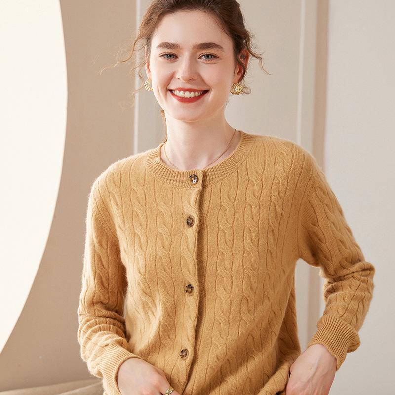 2023 A/W Women's Cashmere Cable Knit Cardigan: Versatile Round Neck Fashion Sweater