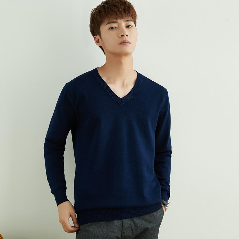 Осенне-зимний мужской вязаный свитер с V-образным и круглым вырезом, простой, в стиле «ветреный полевой», однотонный, деловой свитер.