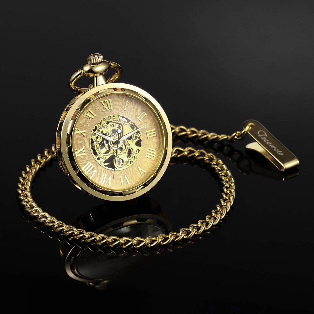TREEWETO Antique Mechanical Skeleton Pocket Watch with Chain Hand-wound Men's (Gold)