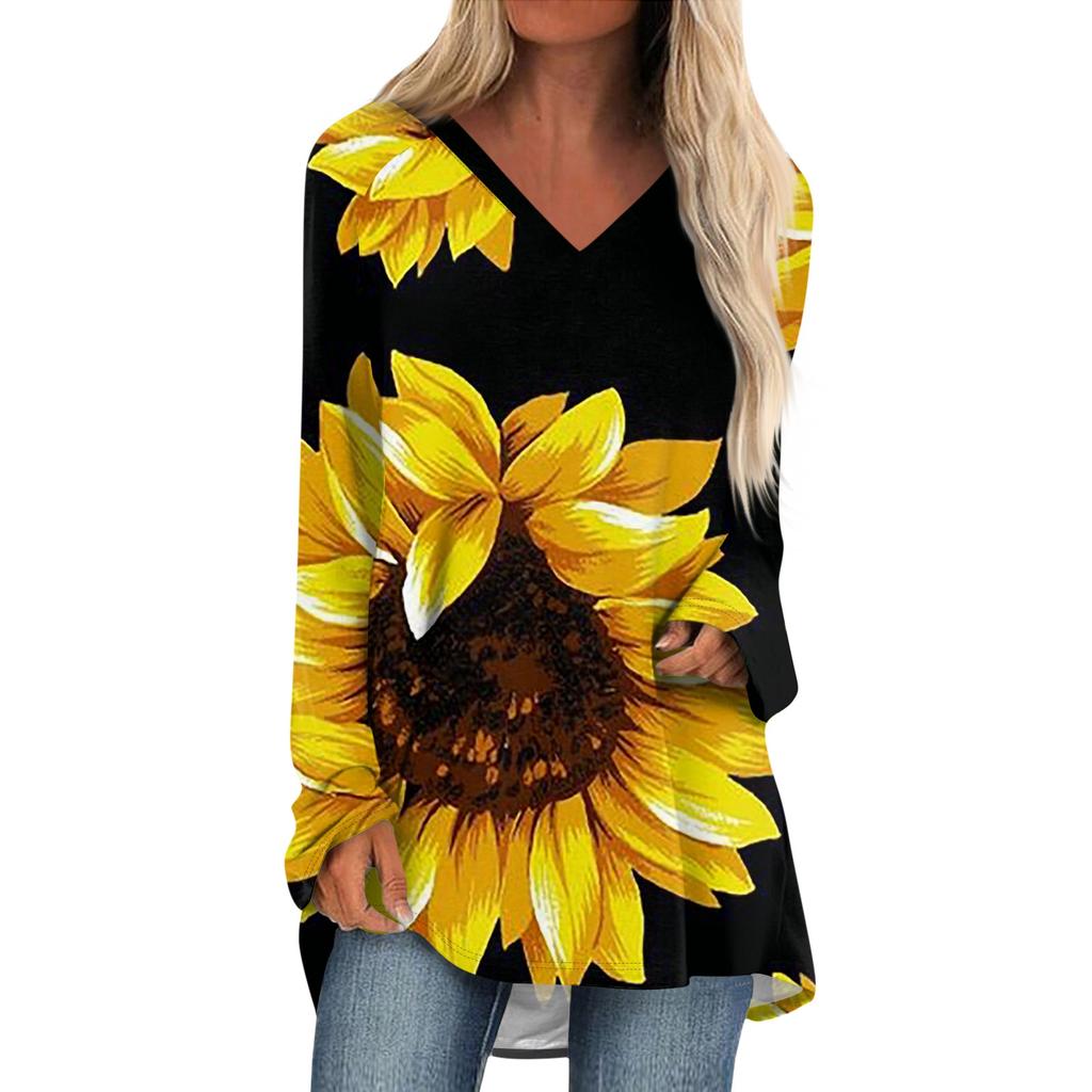 Женская и зимняя футболка с длинными рукавами и V-образным вырезом с принтом, повседневная, длинная, свободная