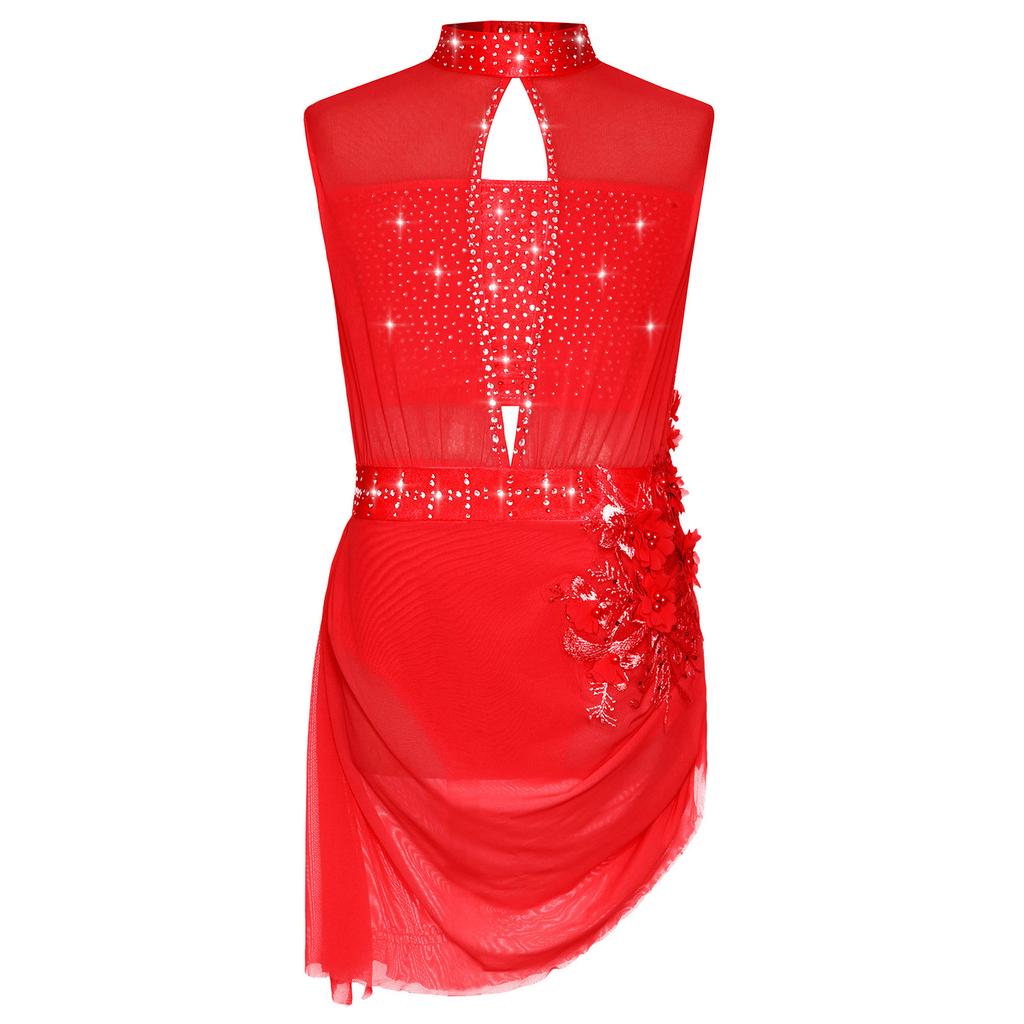 Girls Dance Costume Sleeveless Backless Design Sheer Mesh Overlay Sparkle Rhinestone Asymmetrical Skating Dress