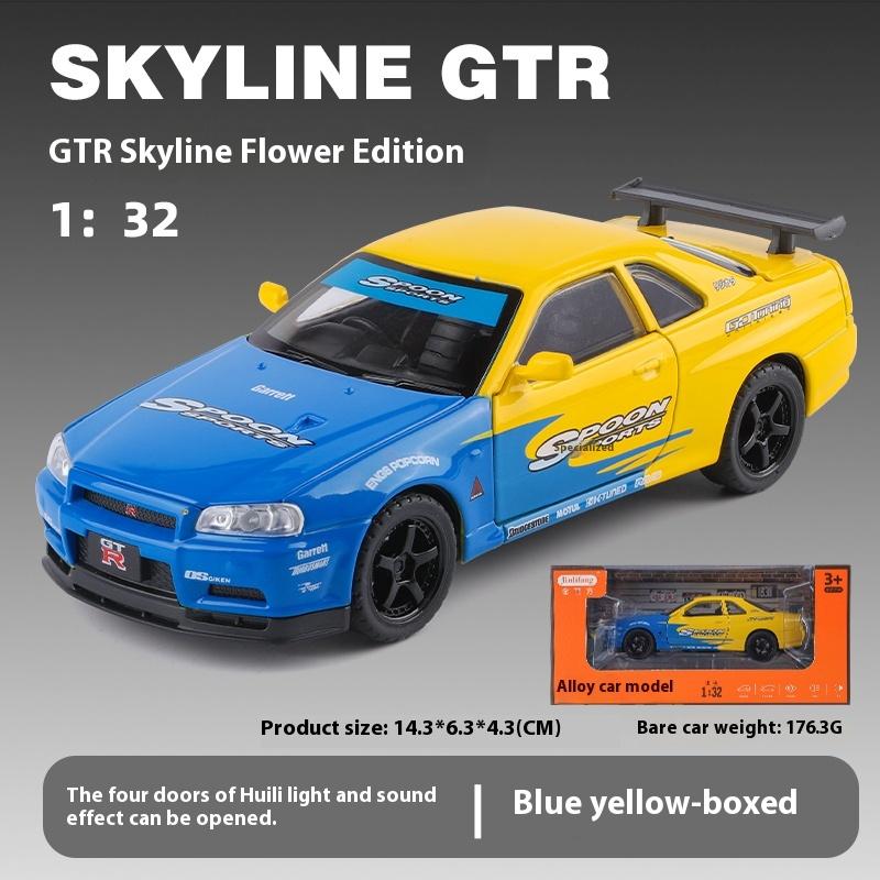 Масштаб 1/32 Nissan GTR R34 Skyline Сплавная машина Литая модель Серия Звук и свет Детская игрушка Детский подарок Подарок на день рождения Миниатюрная машина