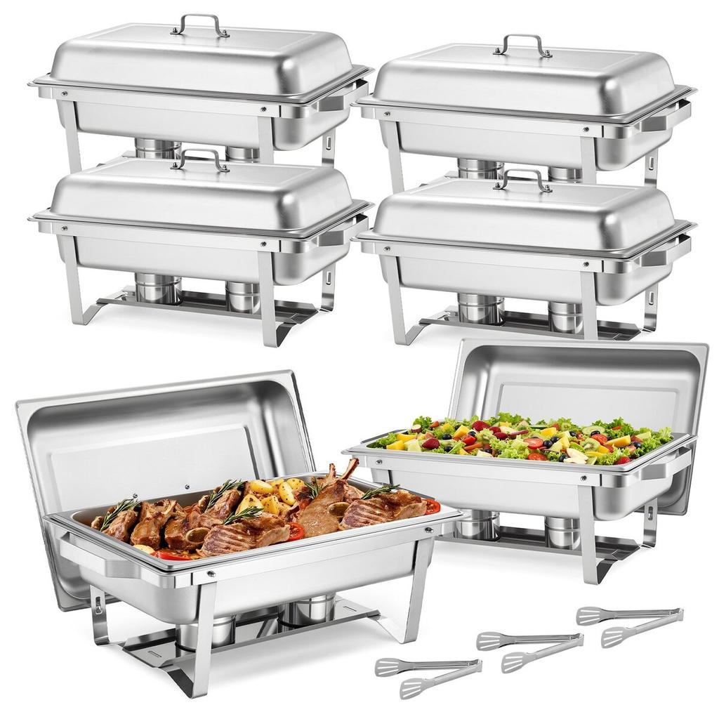 Rectangle Chafing Dish, 9.91L 6 Pack Stainless Steel Chafing Dish, Food Warmer Chafer Complete Set with Hollow Handle, 3 Food Tongs, Lid, Fuel Holder,