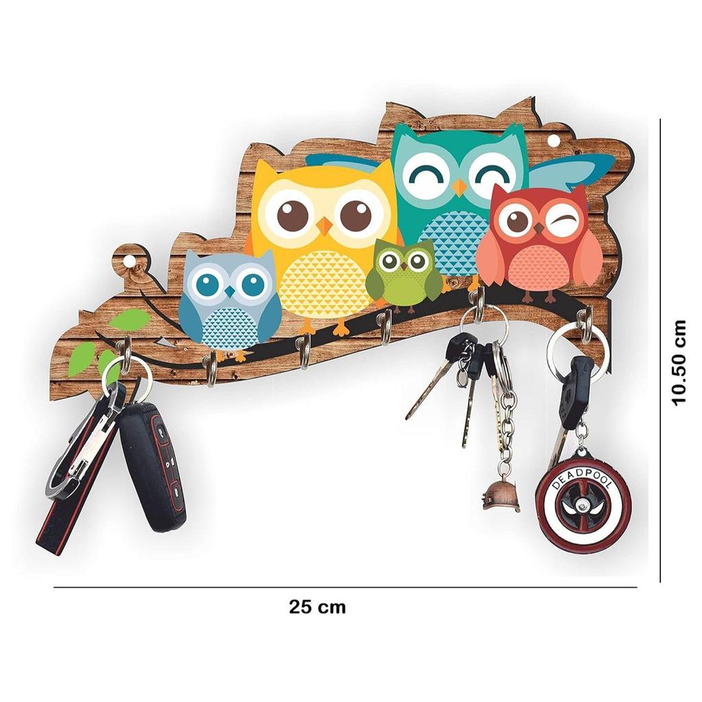 Premium 'Owl Family' Decorative Wooden Printed Key Holder for Home Decor Key Hangers Keychain Holder Key Stand & Key Holder(25 Cm, 6 Hooks)