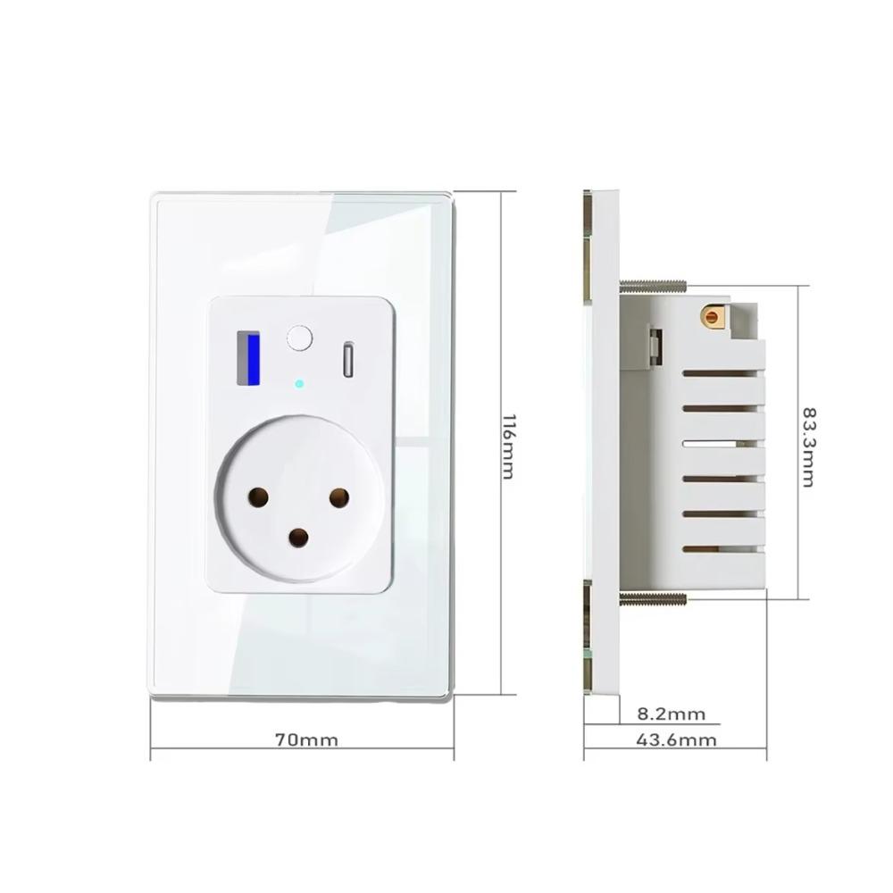 Melery Wi-Fi Smart Israel Wall Socket USB Type-C PD 30W Fast Charge Power Outlet Glass Panel App Voice Remote Alexa Google Home