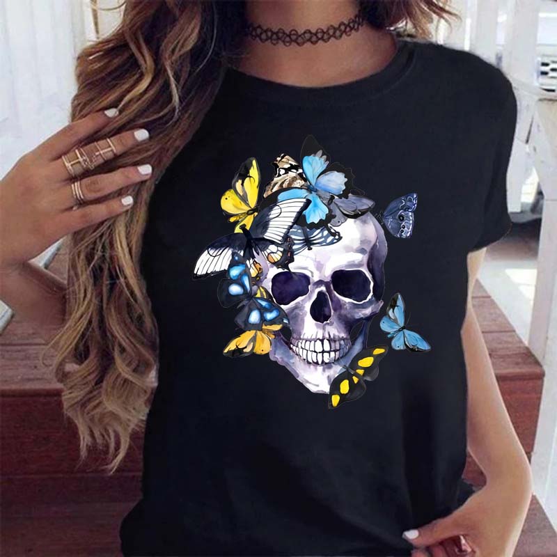 Maycaur Fashion Skull Flower Print Женская футболка Летняя повседневная женская футболка с коротким рукавом и круглым вырезом в стиле 90-х годов, женская футболка, топы