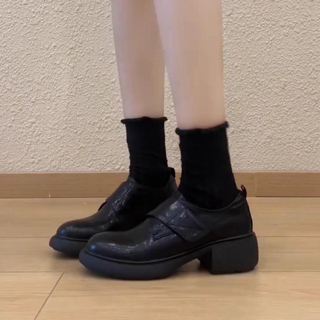 Leather Version~ Thick-soled Non-slip Small Leather Shoes Women's British Style High-end Black Single Shoes Classic Round Head Loafers