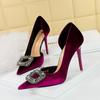 Women's Banquet High Heels Slim Heel Pointed Side Hollow Metal Water Diamond Buckle Single Shoes