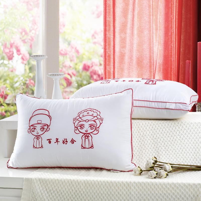 Cotton Wedding Pillow With Red Double Happiness Embroidery Down Alternative Fill Queen Size Bedding Accessory