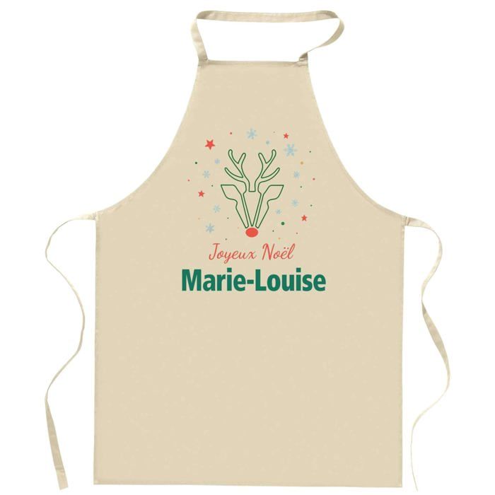 Tablier de cuisine - Joyeux Noël Marie-Louise Cerf - Coton robuste - Impression France DTG - Liens ajustables