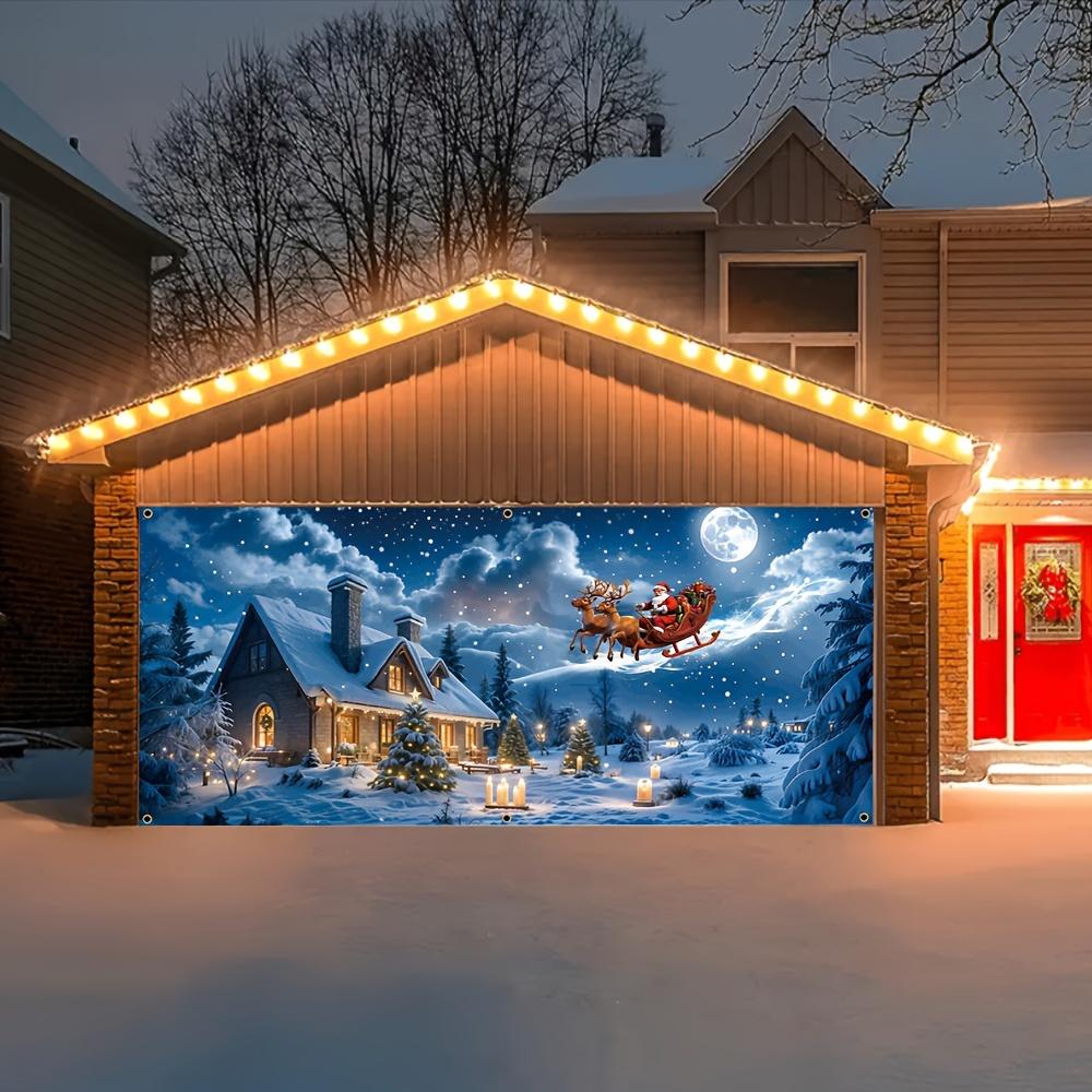 A polyester banner for a Christmas garage door featuring Santa Claus giving gifts in the night sky suitable for Christmas