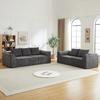 Minimalist corduroy sofa with slim lines, a gently sloping backrest, and five cushions.