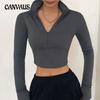 Spring and Autumn Women's Blouse Fashion Long-sleeved Zip Half-open Neck Navel Exposed Slim Tops