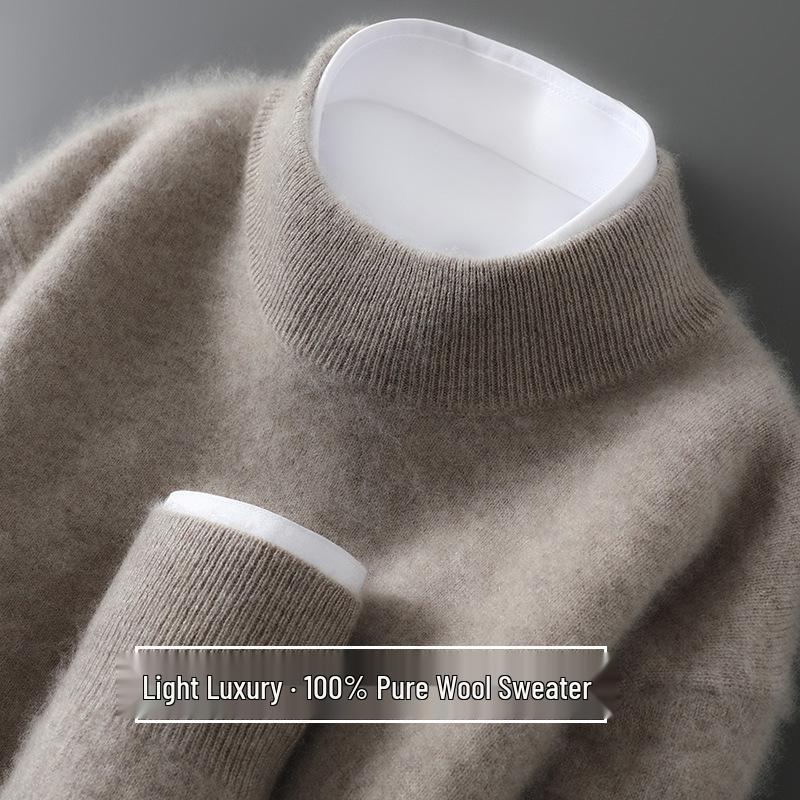 Мужской свитер из 100% чистой шерсти: Вязаный пуловер с полувысоким воротником, повседневный свободный свитер из кашемира, базовый слой одежды.