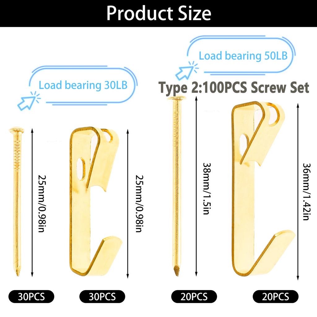 100/260PCS Heavy Duty Picture Hooks Set Hanger Hooks for Drywall Wooden Wall Metal Picture Hanging Kit Saw Tooth Living Room