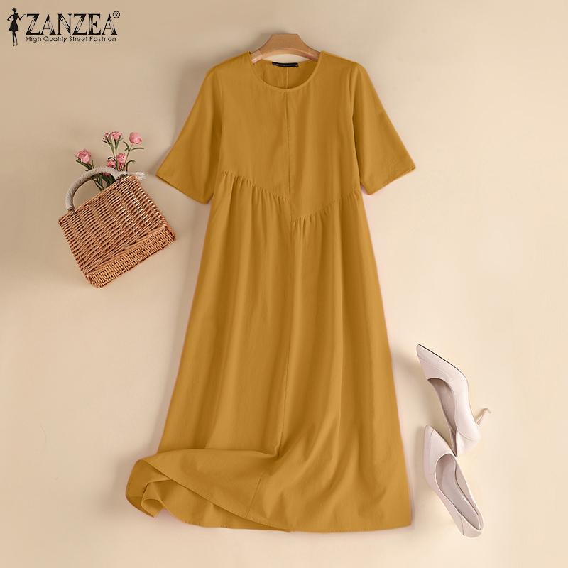 ZANZEA Летнее повседневное свободное платье с круглым вырезом и короткими рукавами