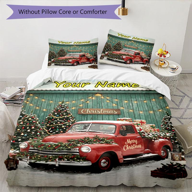 3PC Custom Name Christmas Vintage Truck Bedding Set Duvet Cover Closure Includes 1 Duvet Cover & 2 Pillowcases for Bedroom