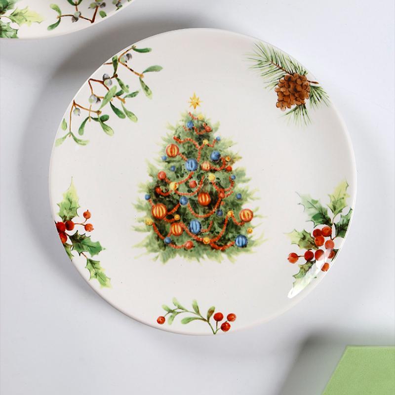 1pcs Christmas Tree Ceramic Plate Tableware Glazed Color Snack Dessert Dishes Bowl Elk Pattern Coffee Mug Kitchen Dinner Plates
