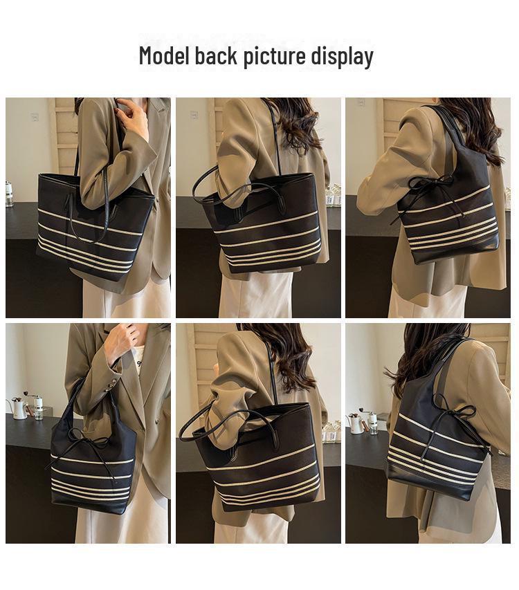 2024 Женская полосатая холщовая сумка-тоут большой вместимости: Осенне-зимняя сумка-ведро для поездок на работу и обратно