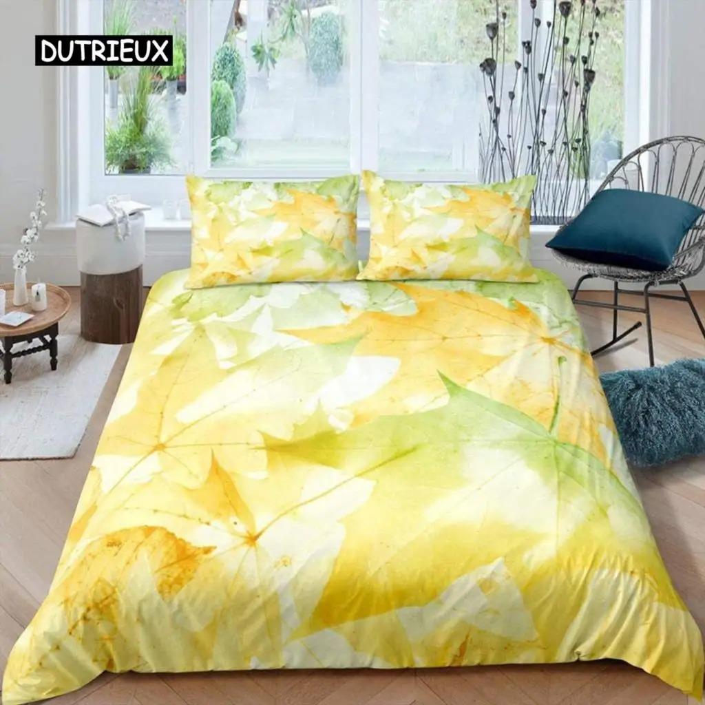 Maple Leaves Duvet Cover Set Colorful Autumn Season Maple Leaves In Unusual Designs Nature Print King Size 23pcs Bedding Set