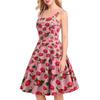 Women Prom Dress Strawberry Print A-line Big Swing Vintage Button Decor Sleeveless Back Zipper High Waist Backless Square Neck Cocktail Midi Dress
