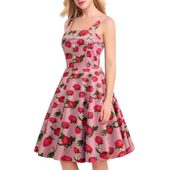 Women Prom Dress Strawberry Print A-line Big Swing Vintage Button Decor Sleeveless Back Zipper High Waist Backless Square Neck Cocktail Midi Dress