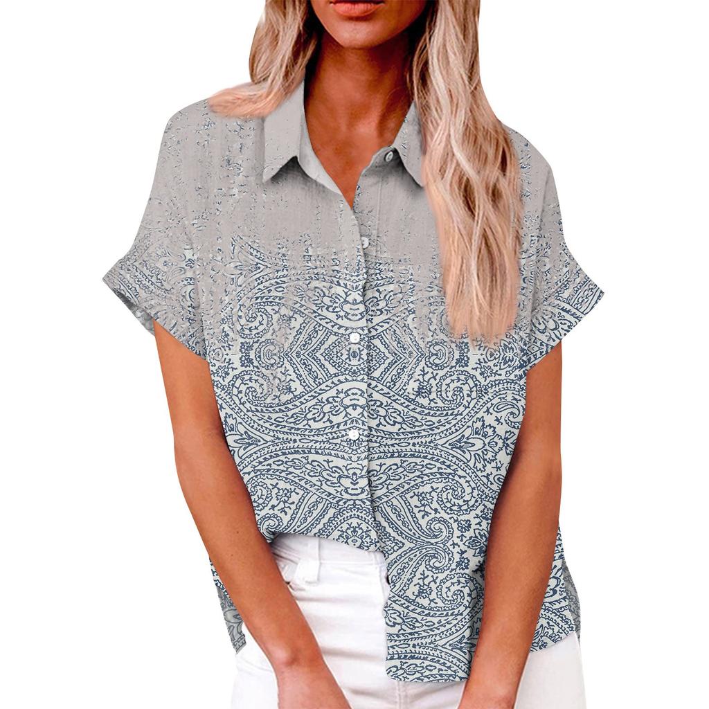 Женская модная свободная повседневная рубашка с коротким рукавом и отворотом на пуговицах, футболка с принтом, топ