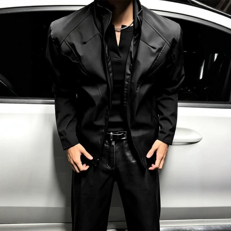 Wide shoulder, narrow waist stand up collar jacket for men and women, autumn and winter spliced motorcycle suit, simple and handsome jacket